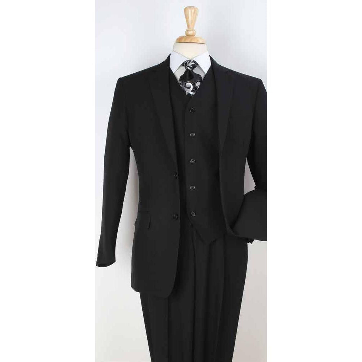 King Wing P3201 black three-piece modern-fit suit with matching vest and two-button jacket
