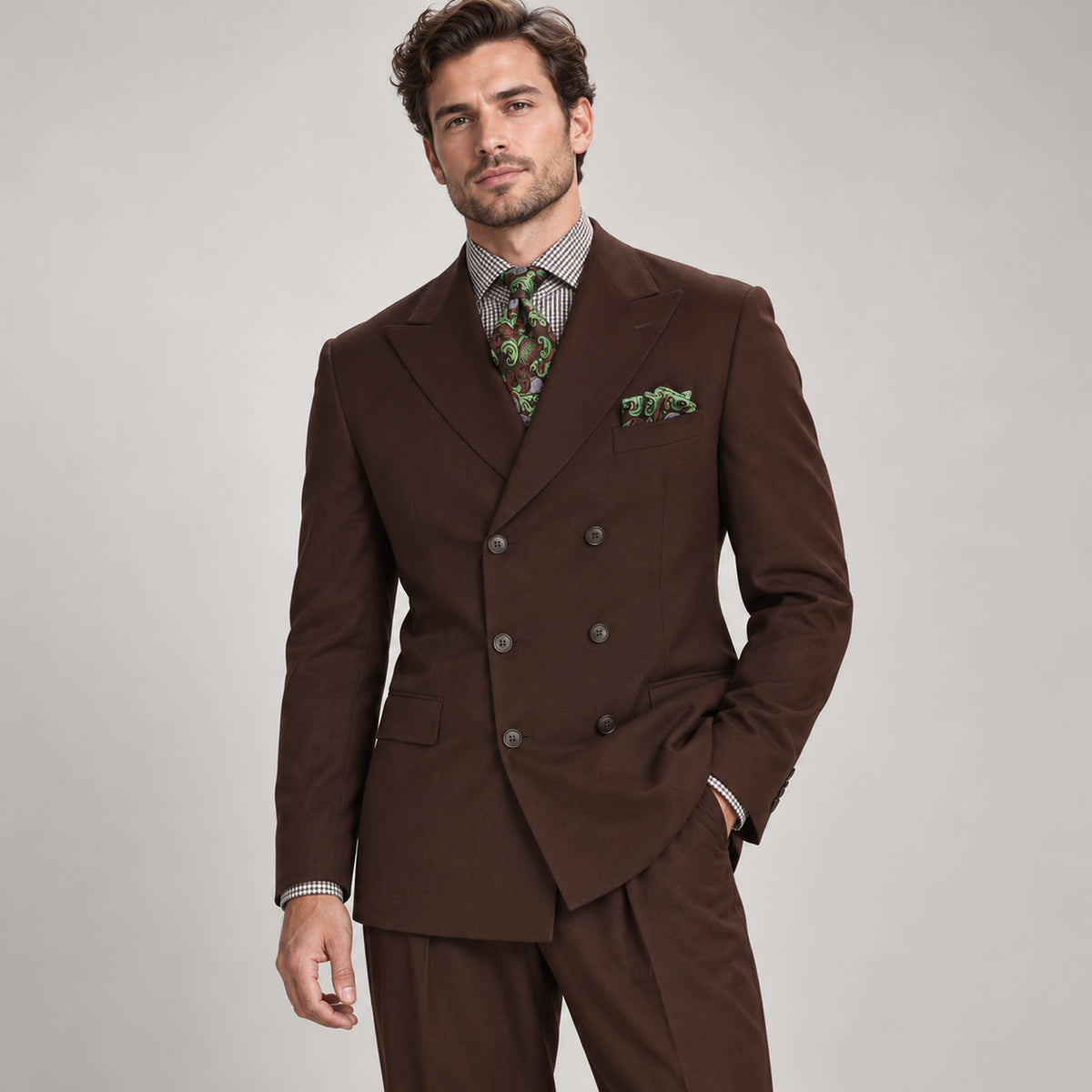 Brown 2-Piece Classic Double-Breasted Suit, model view