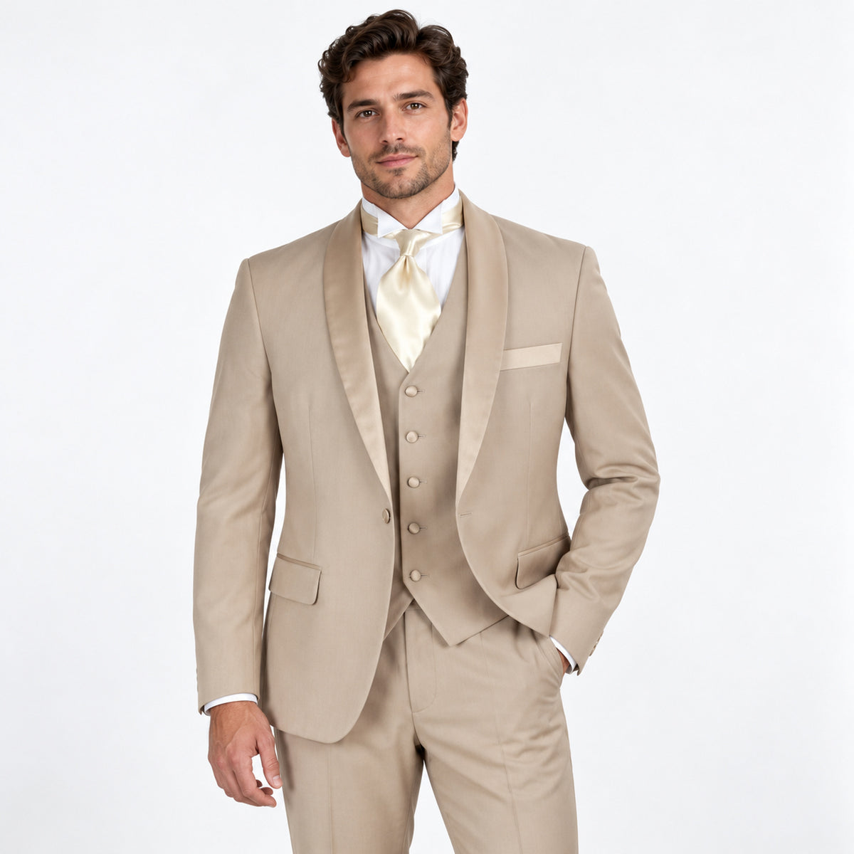 Tan 3-Piece Shawl-Lapel Modern Fit Tuxedo - model view