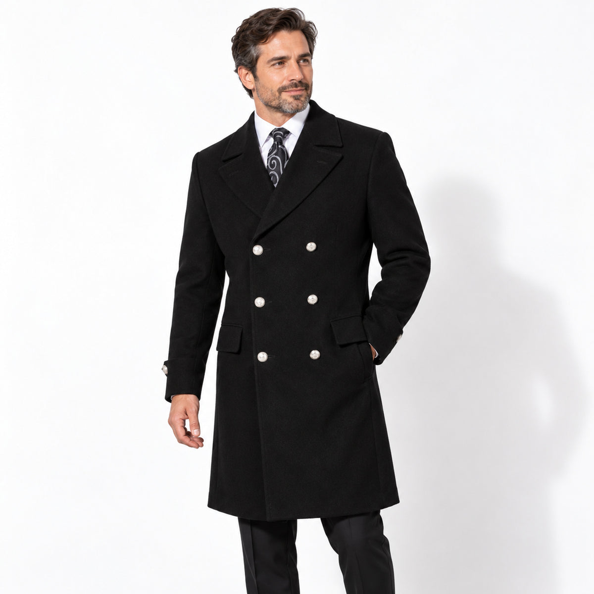 Black Double-Breasted Three-Quarter Coat, model wearing the set