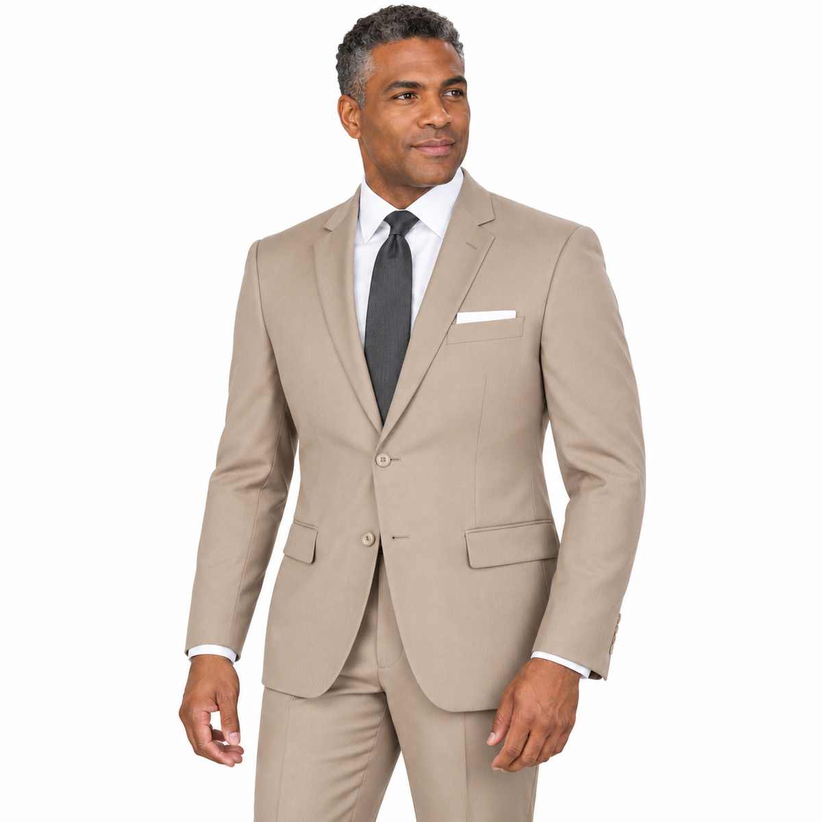 Tan two-piece modern-fit suit worn by a model — AI-generated visualization