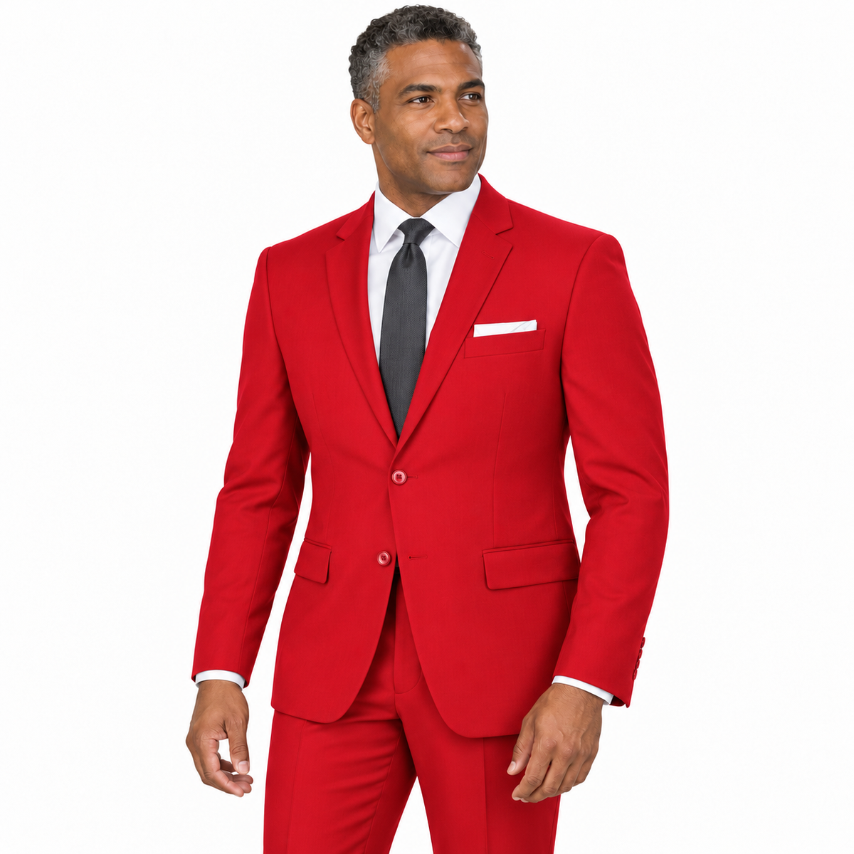 Red two-piece modern-fit suit worn by a model — AI-generated visualization