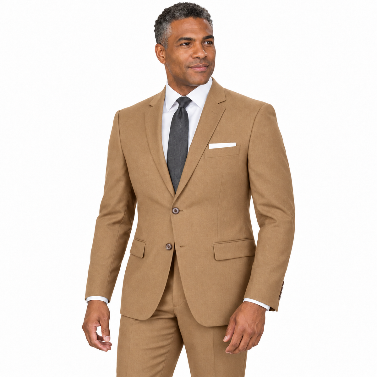 Camel two-piece modern-fit suit worn by a model — AI-generated approximate color visualization