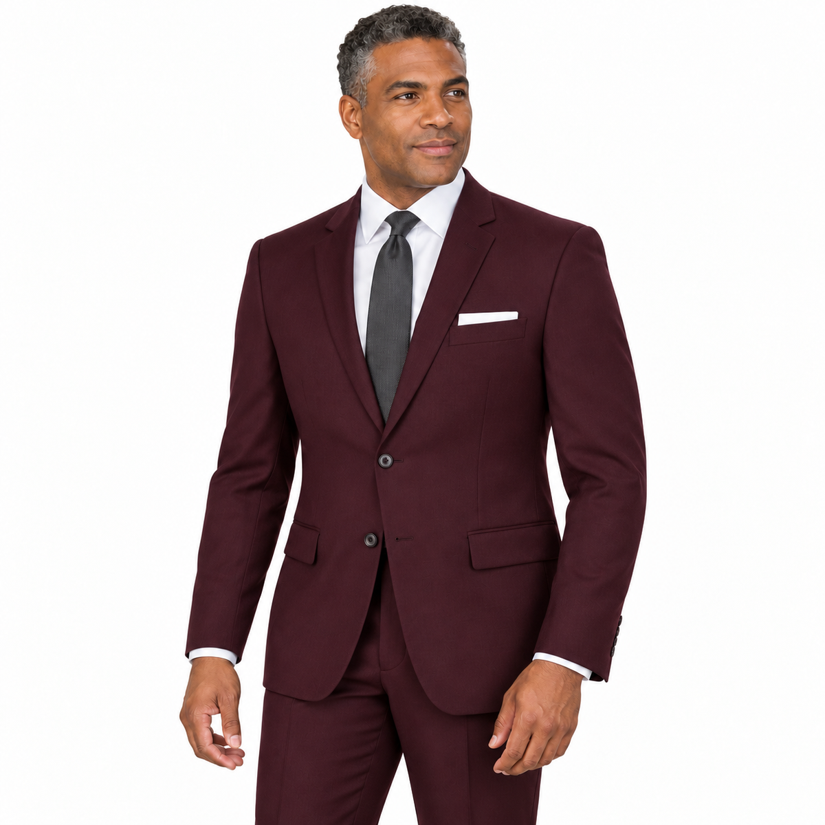 Burgundy two-piece modern-fit suit worn by a model — AI-generated visualization