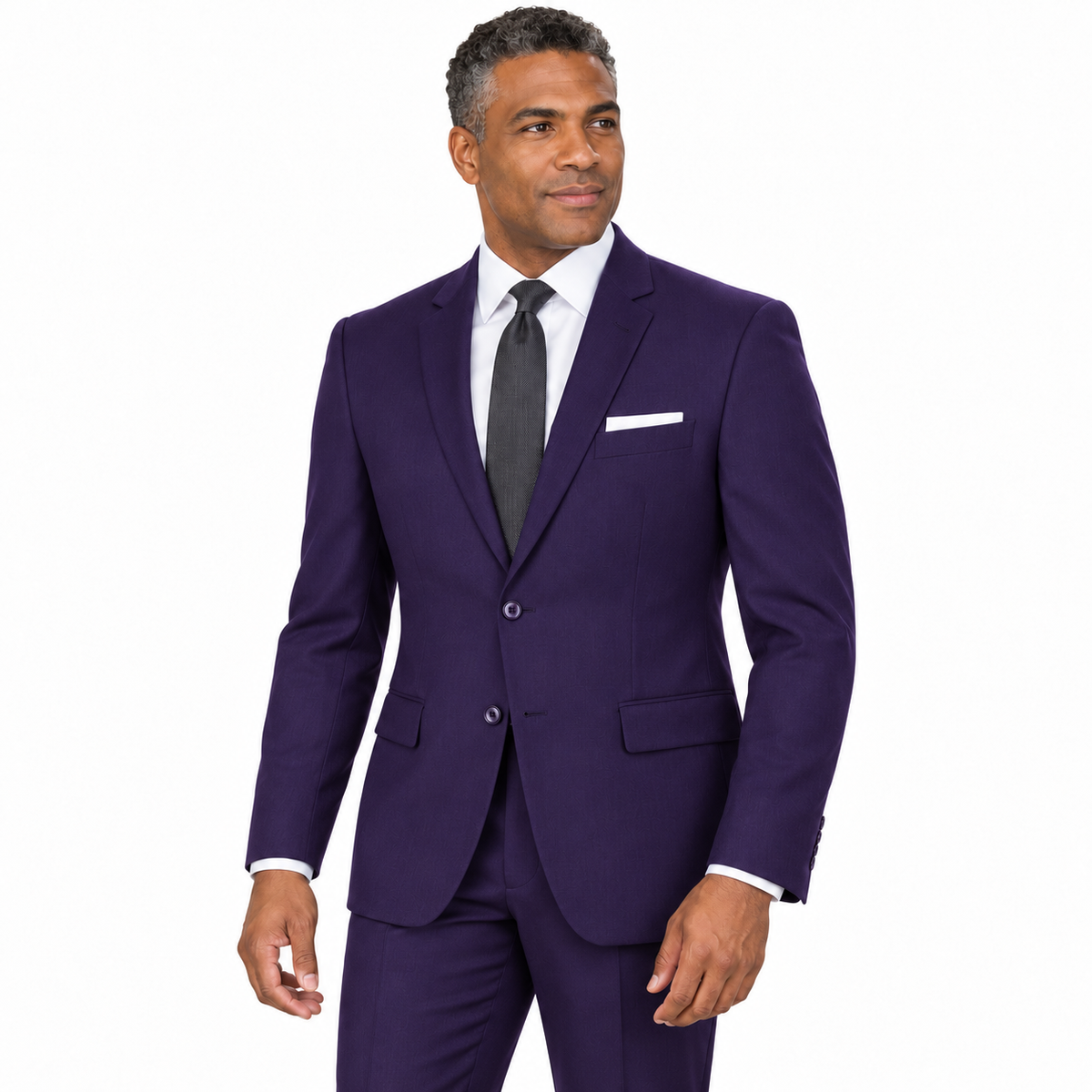 Purple two-piece modern-fit suit worn by a model — AI-generated visualization