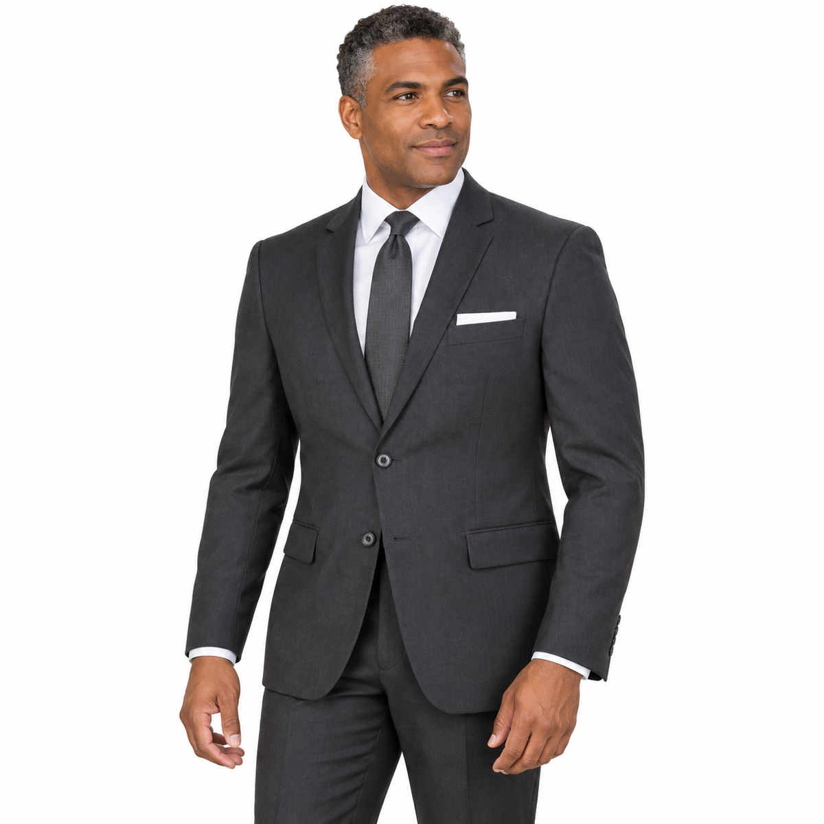 Charcoal two-piece modern-fit suit worn by a model — AI-generated visualization