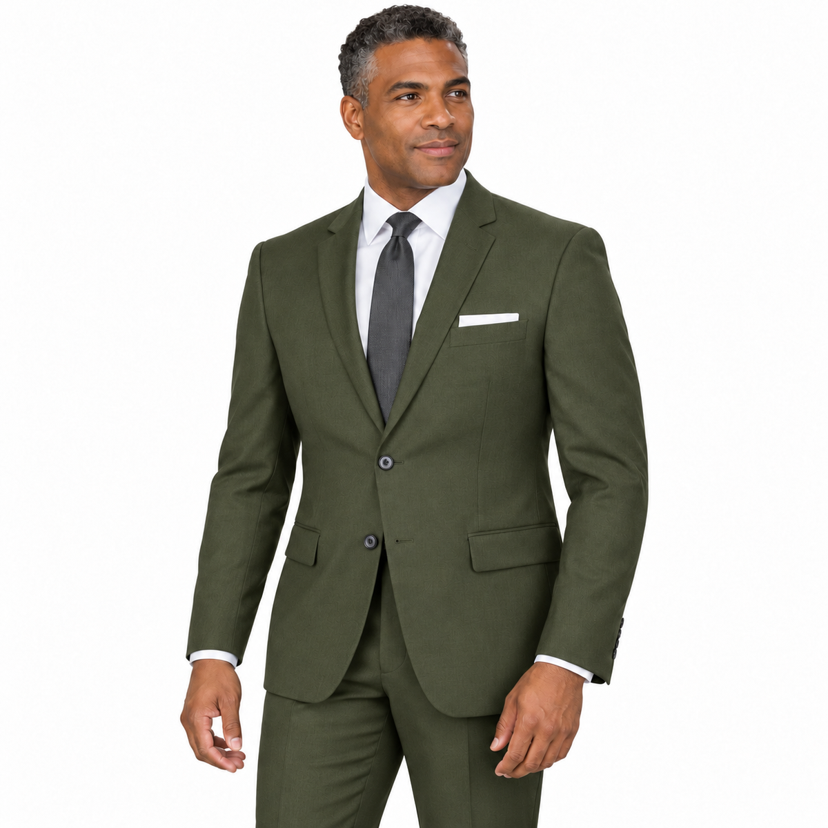Olive two-piece modern-fit suit worn by a model — AI-generated approximate color visualization