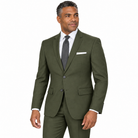 Olive two-piece modern-fit suit worn by a model — AI-generated approximate color visualization