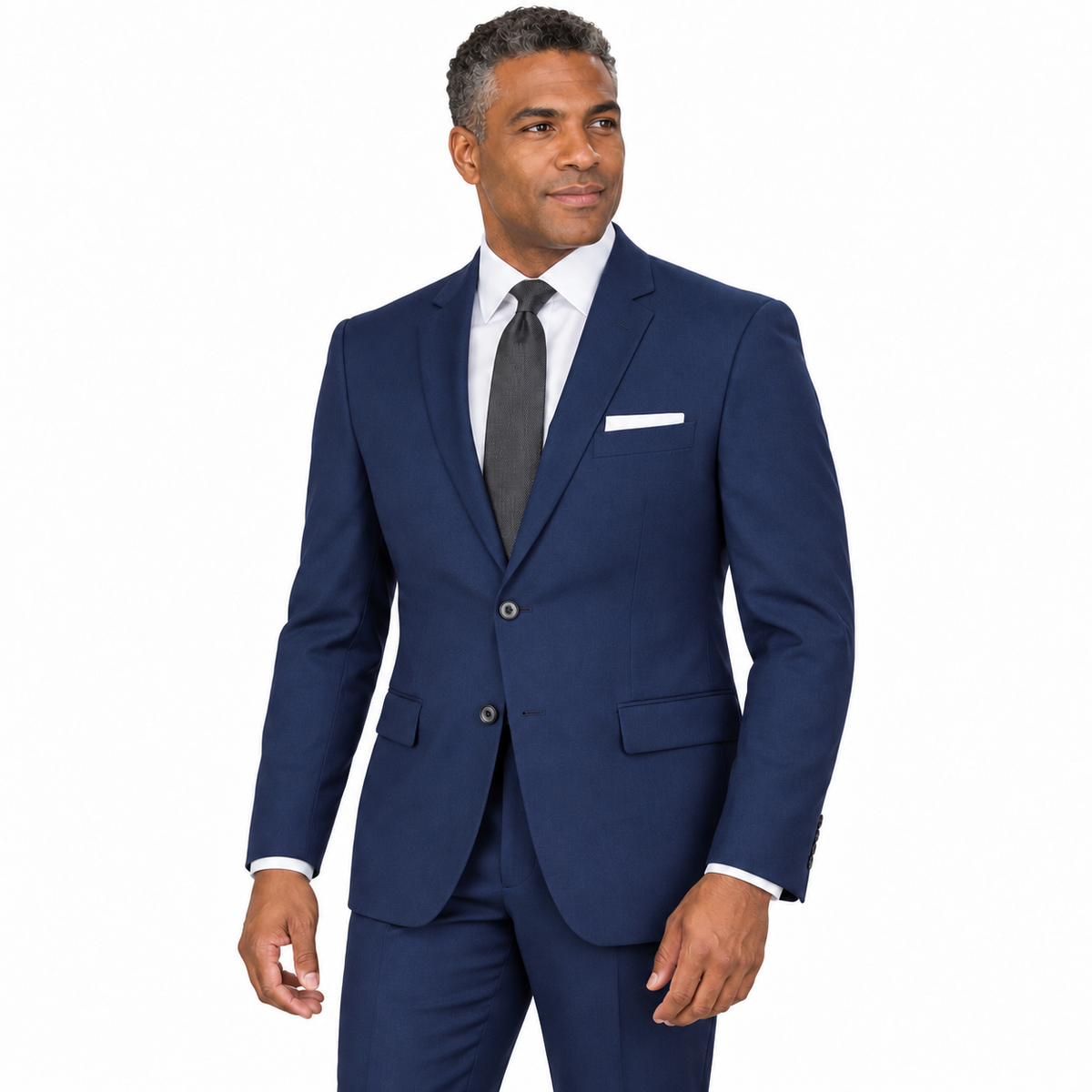 Navy Blue two-piece modern-fit suit worn by a model — AI-generated approximate color visualization