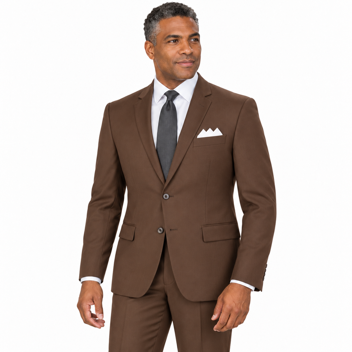 Coco Brown two-piece modern-fit suit worn by a model — AI-generated visualization