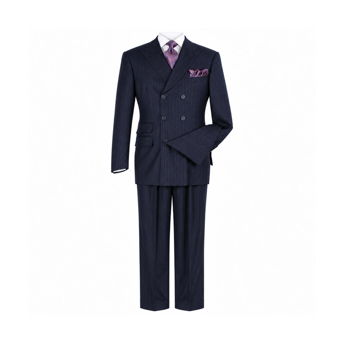 Navy Stripe 100% Wool 3-Piece Double-Breasted Suit - complete front view