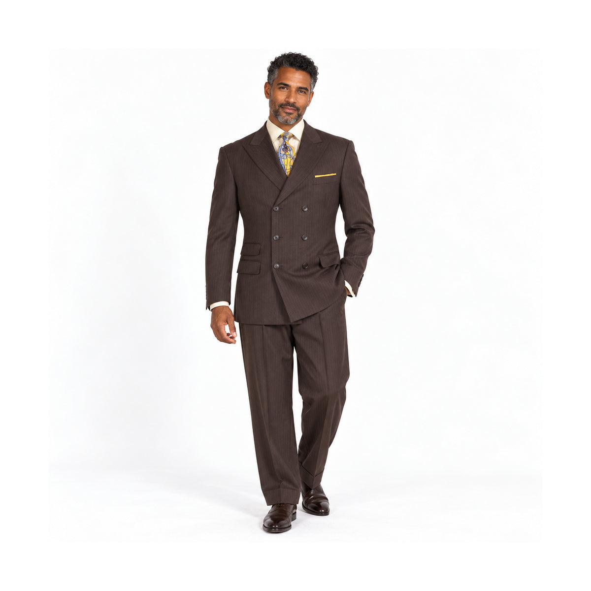 Brown Stripe 100% Wool 3-Piece Double-Breasted Suit - on model