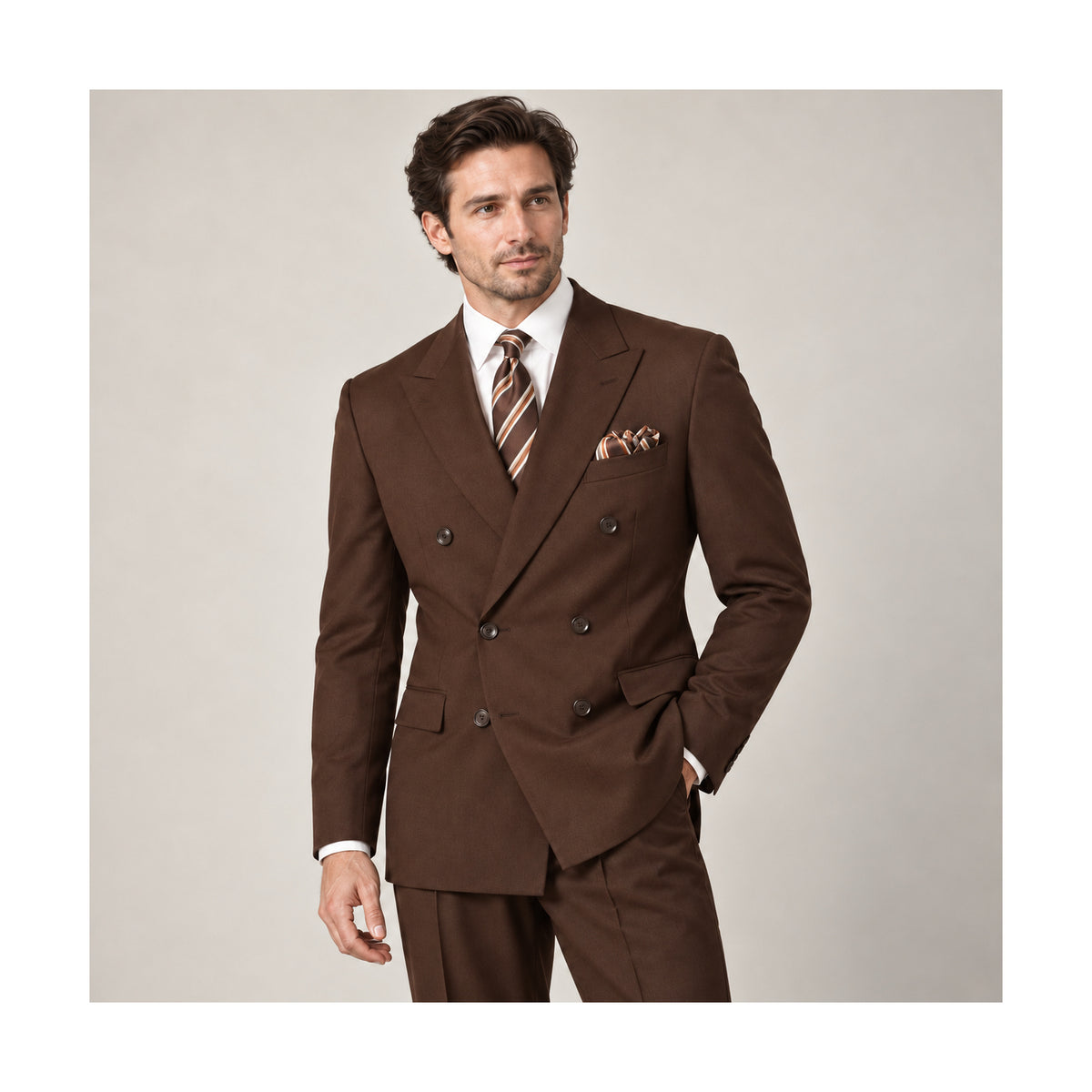 Brown 2-Piece Classic Double-Breasted Suit - on model