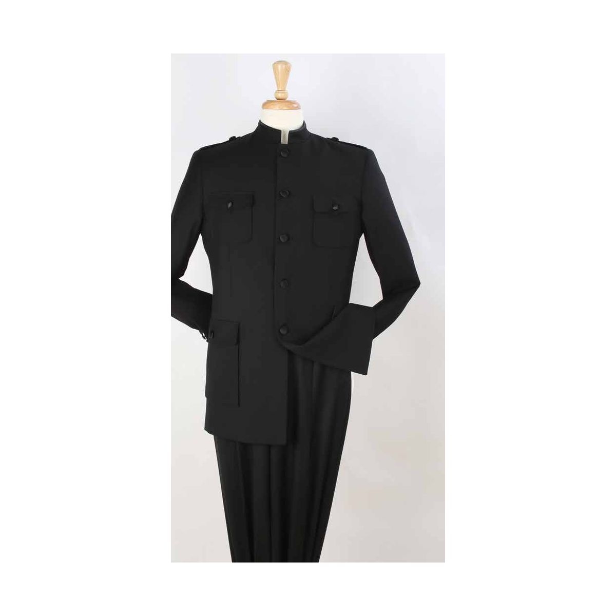 Black two-piece mandarin-collar suit - front catalog view