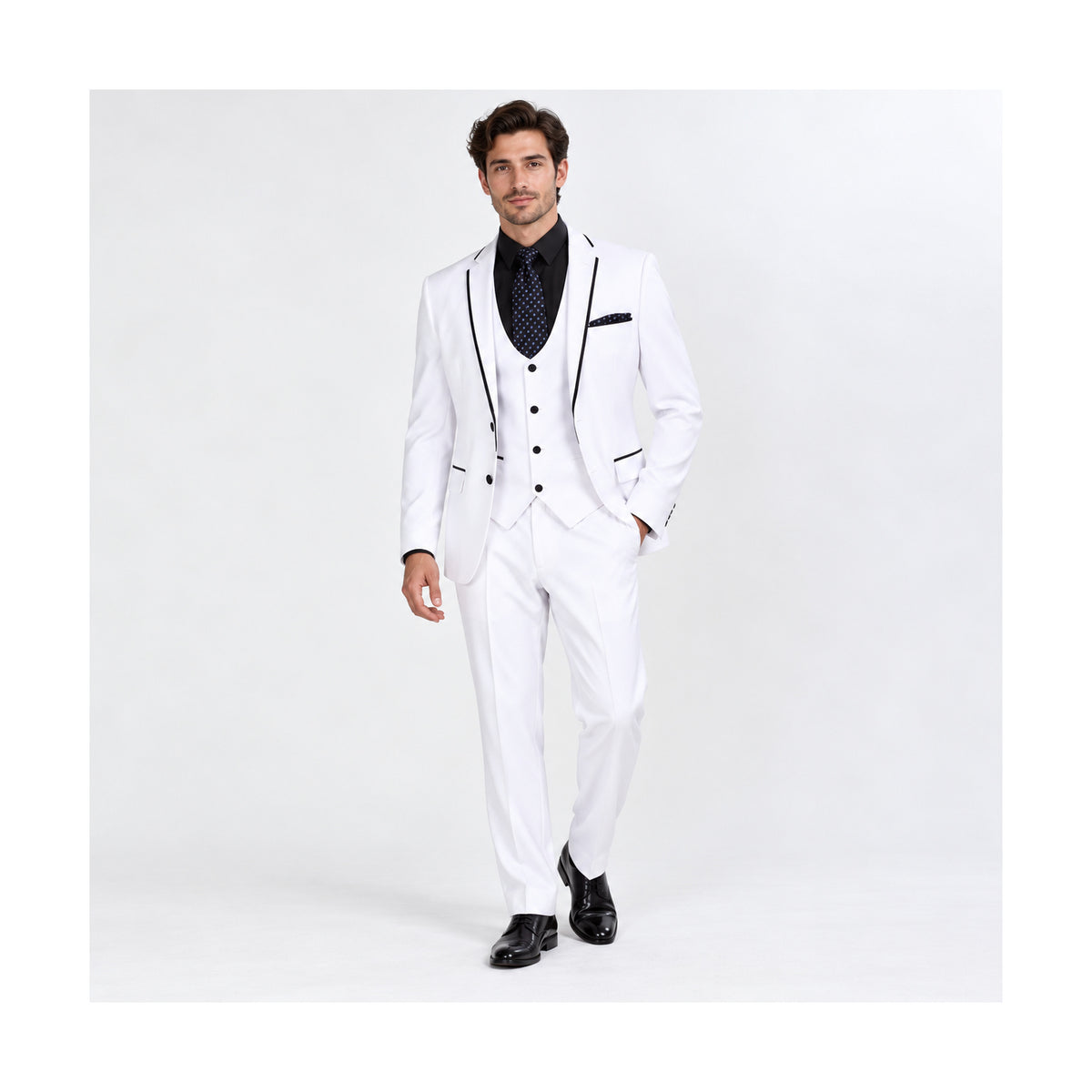 Pure White 3-Piece Slim Fit Suit with Black Piping - on model