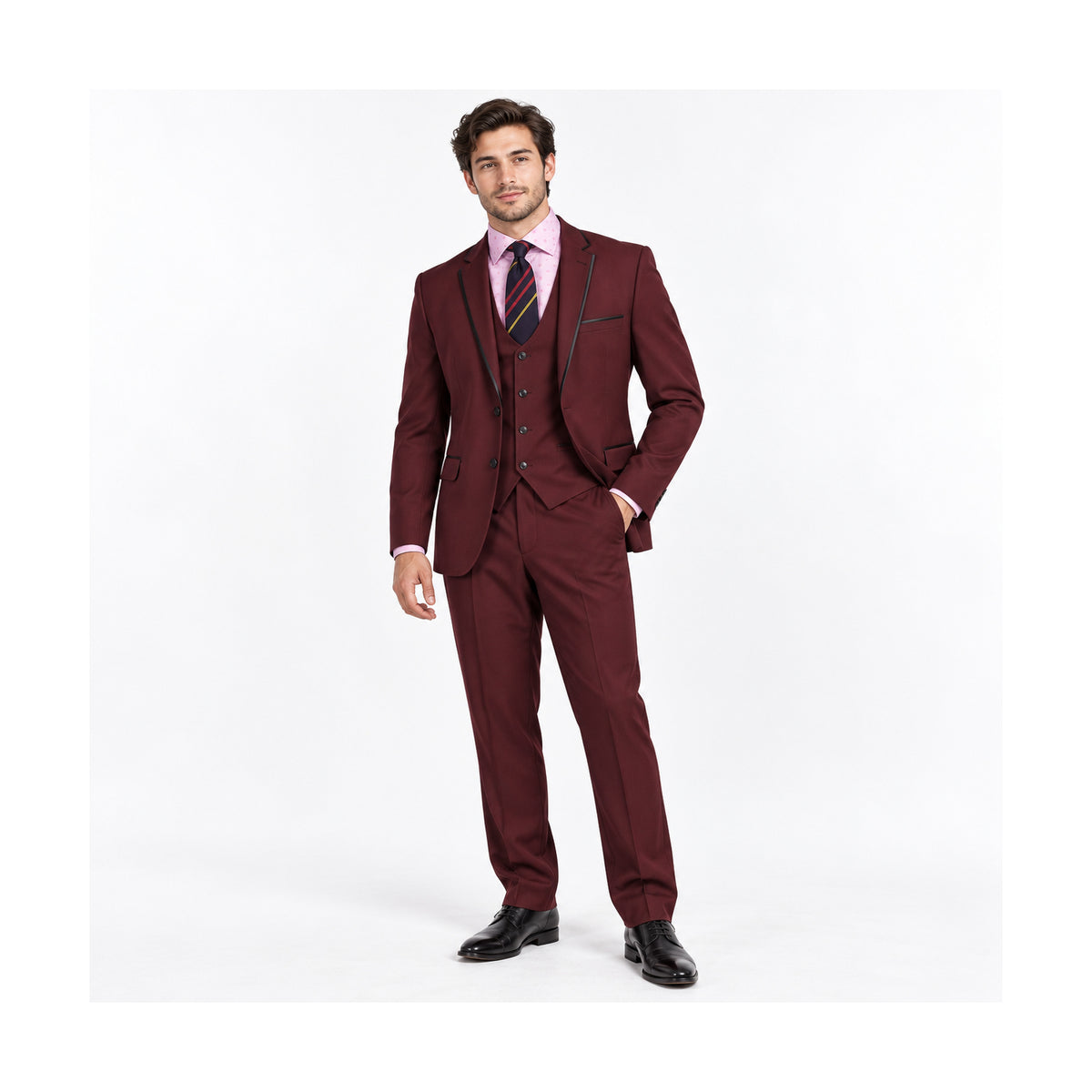 Burgundy 3-Piece Slim Fit Suit with Black Piping - on model