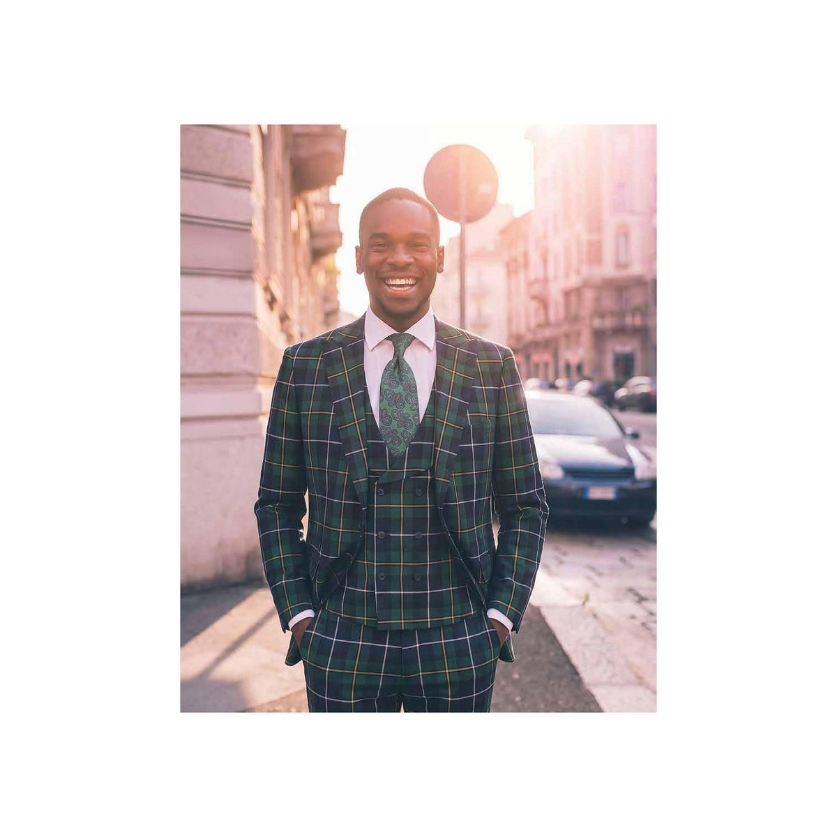 Green Windowpane 100% Wool 3-Piece Suit - catalog view