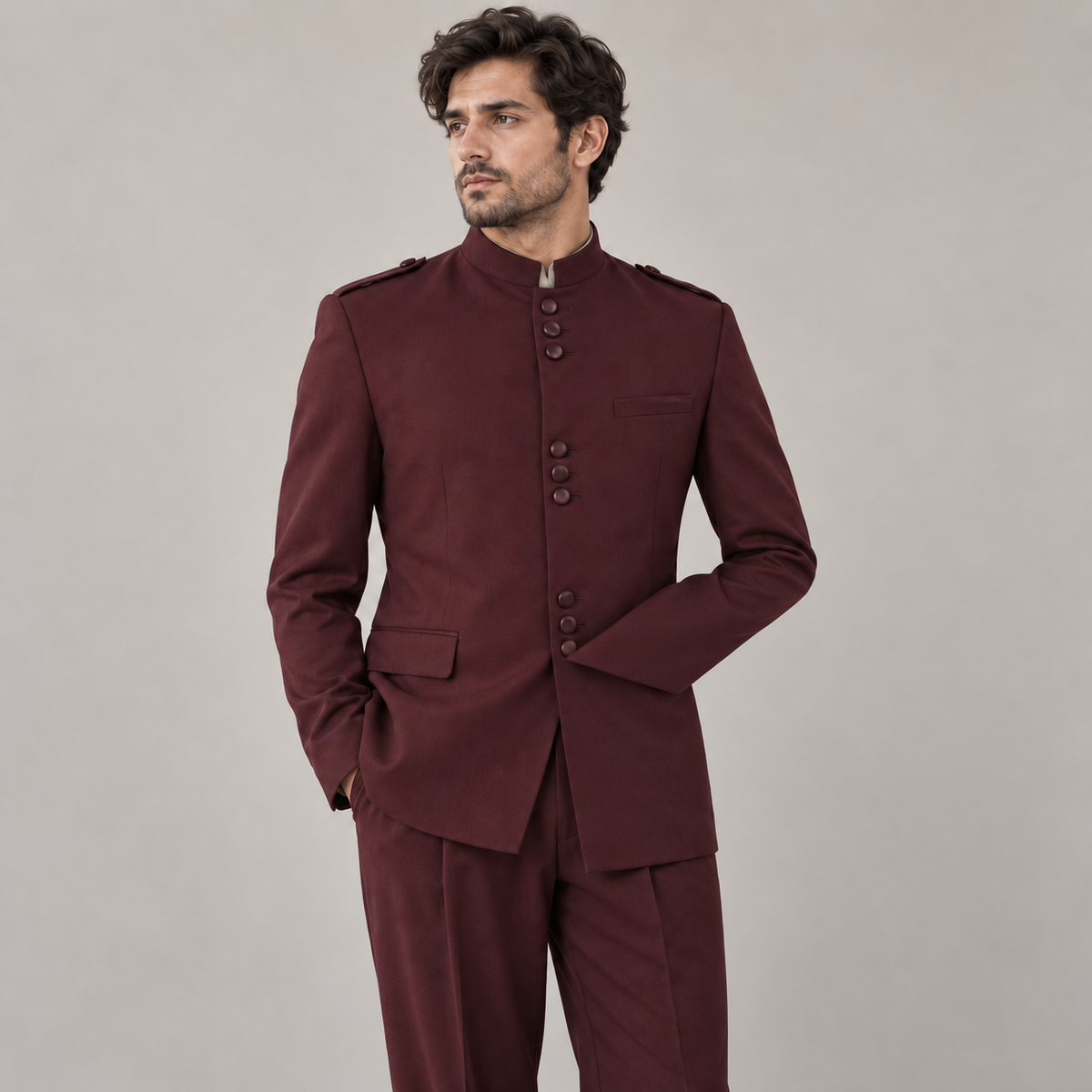 Burgundy 2-Piece Nine-Button Mandarin Collar Suit, model view