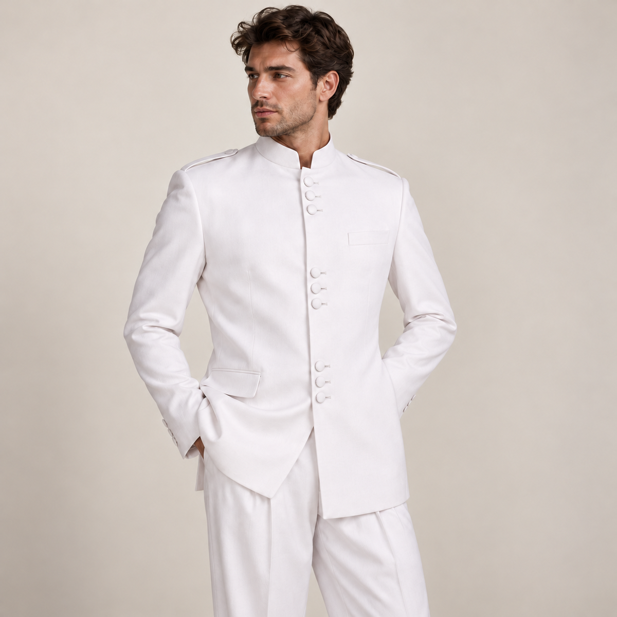Pure White 2-Piece Nine-Button Mandarin Collar Suit, model view