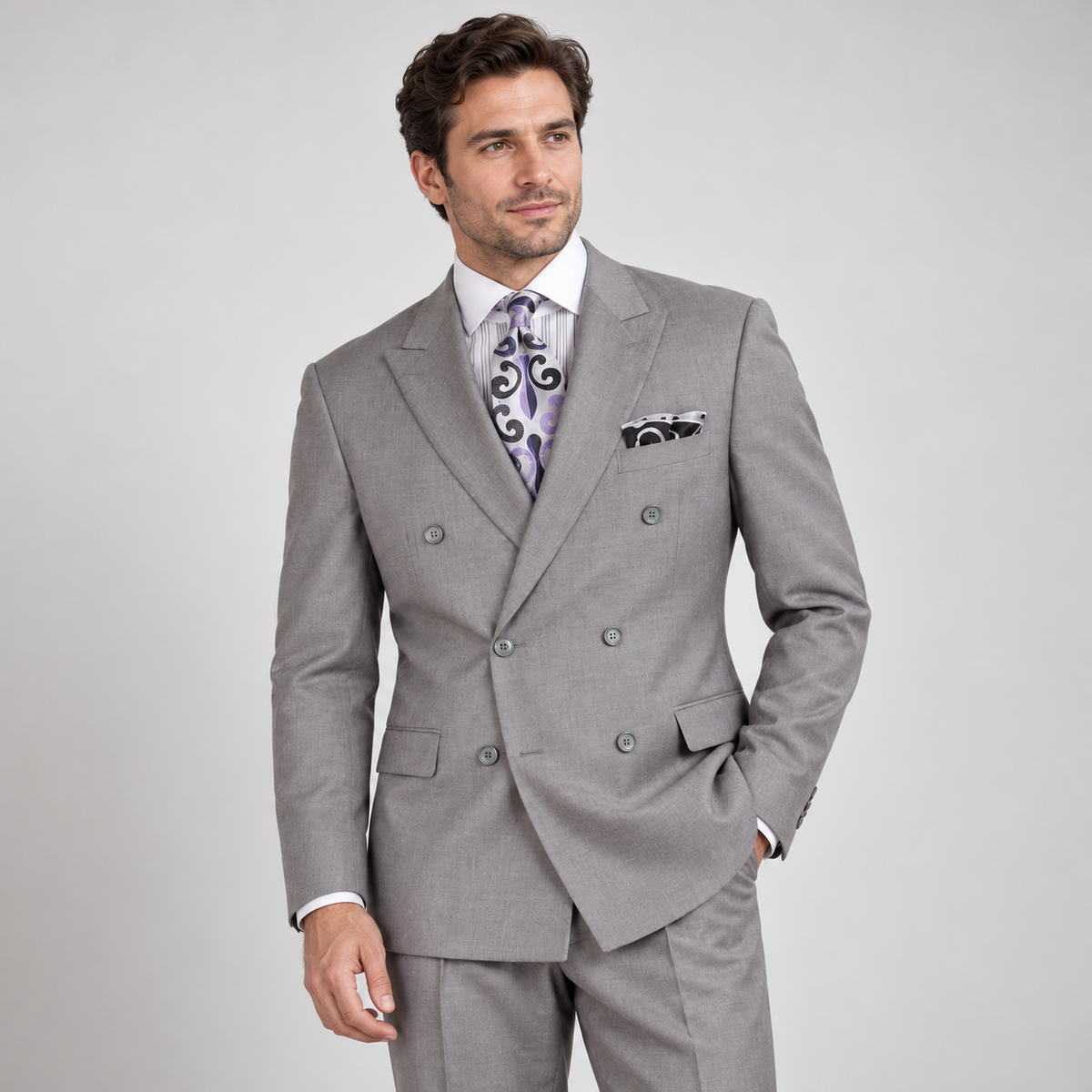 Light Gray 2-Piece Classic Double-Breasted Suit, model view