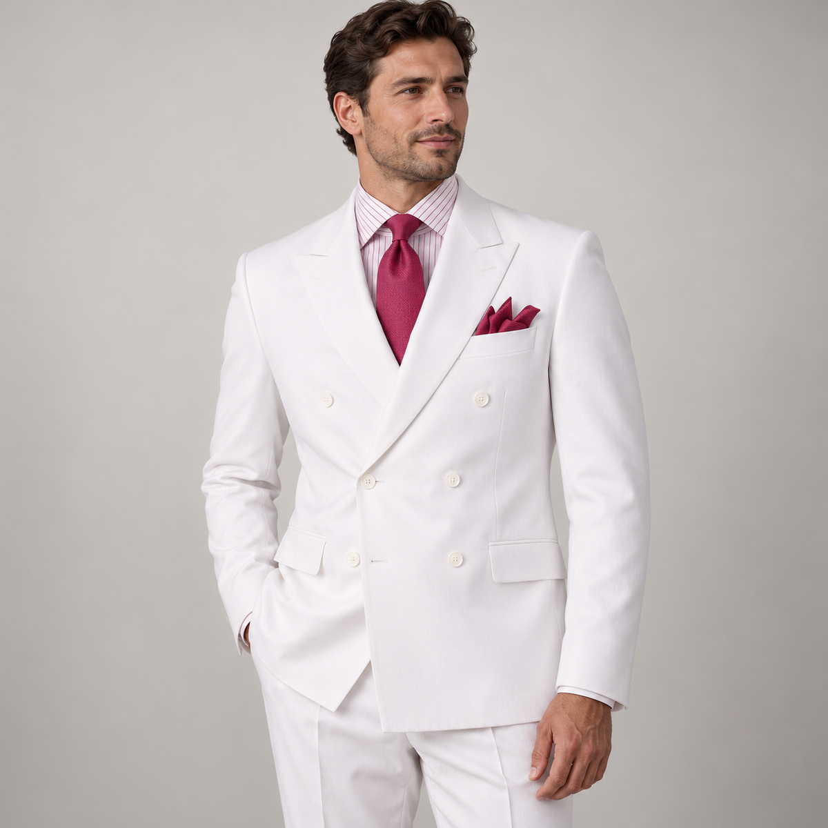 Pure White 2-Piece Classic Double-Breasted Suit, model view