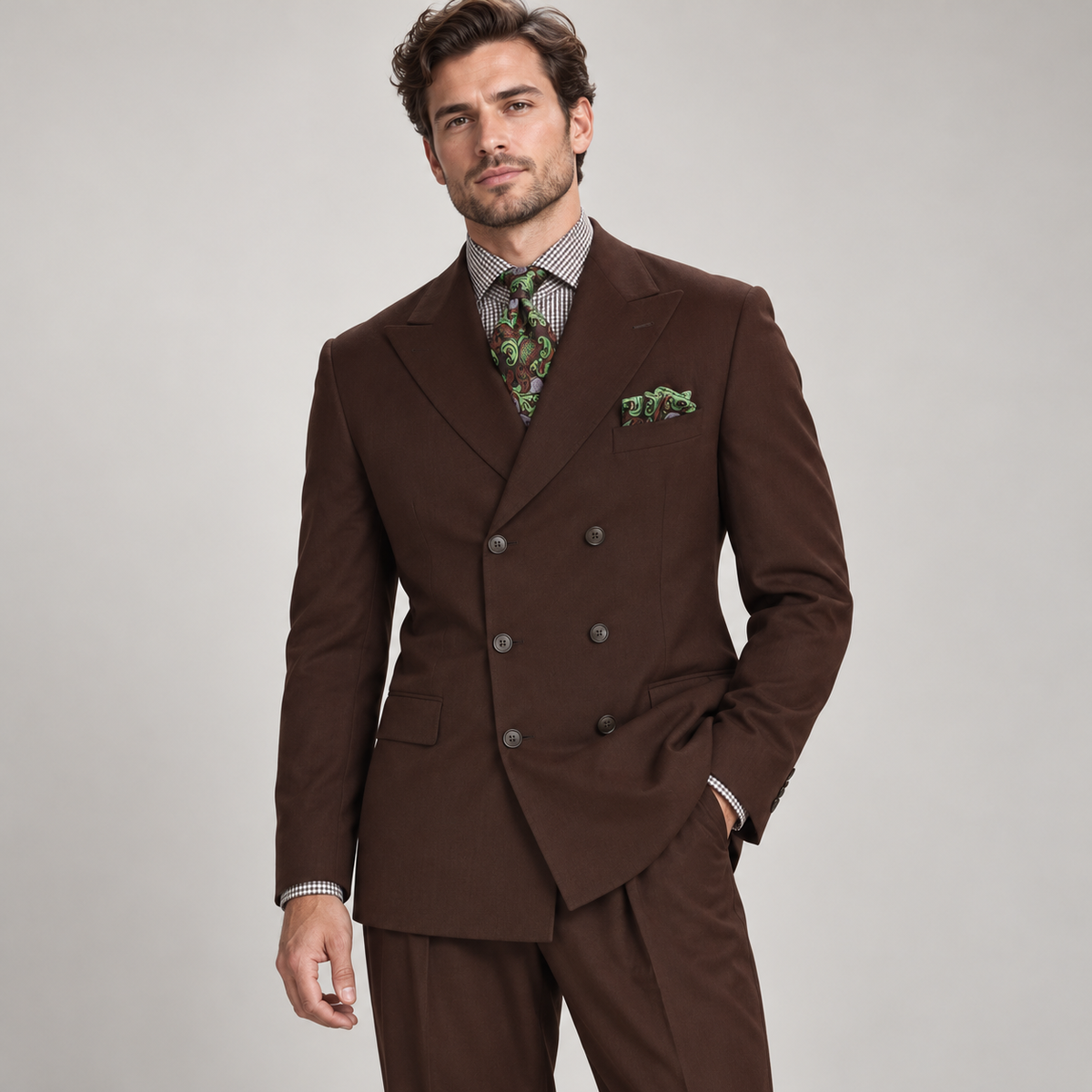 Brown 2-Piece Classic Double-Breasted Suit, model view