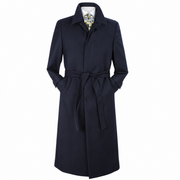 Navy Belted Wool Gabardine Duster Coat