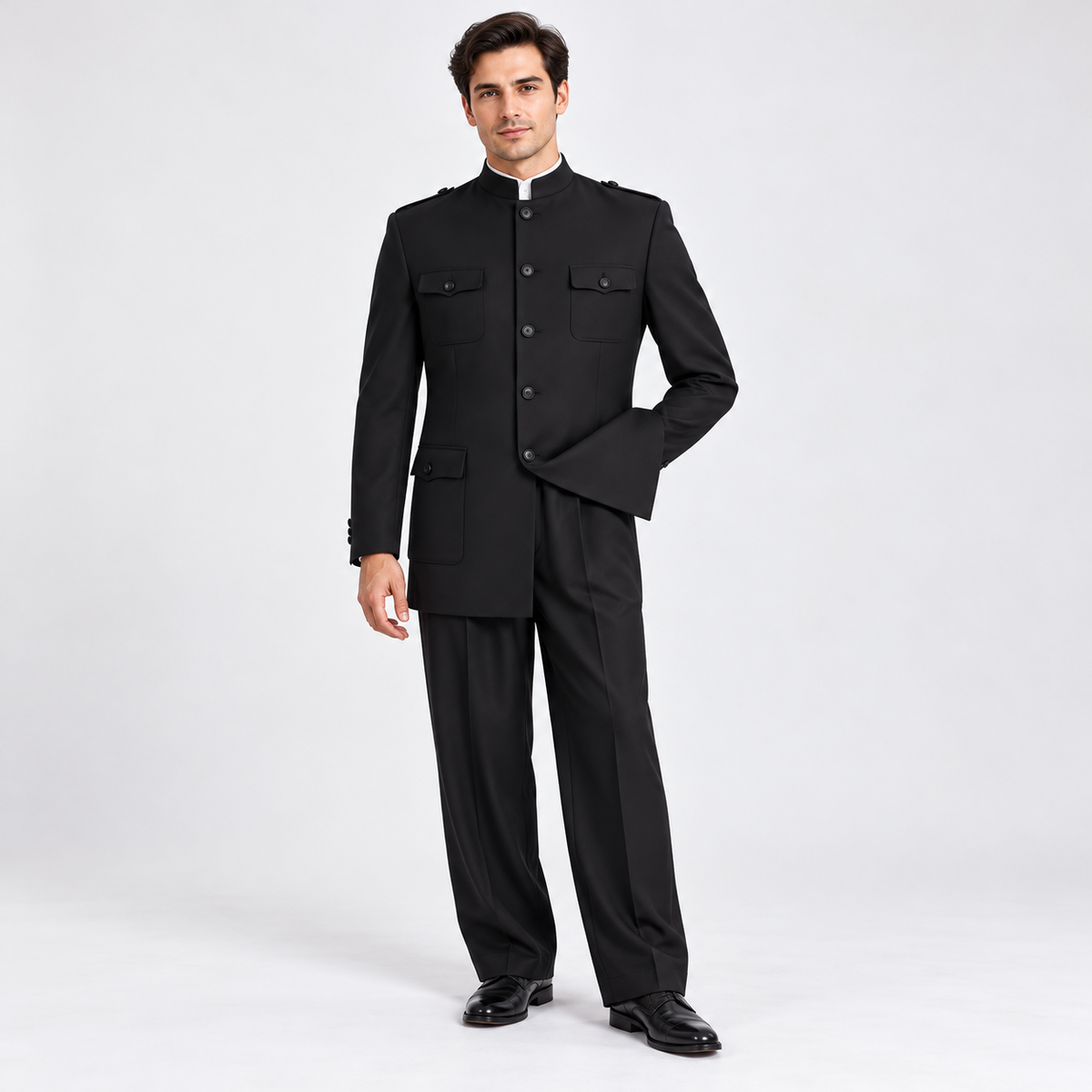 Black 2-Piece Mandarin-Collar Fashion Suit - on model