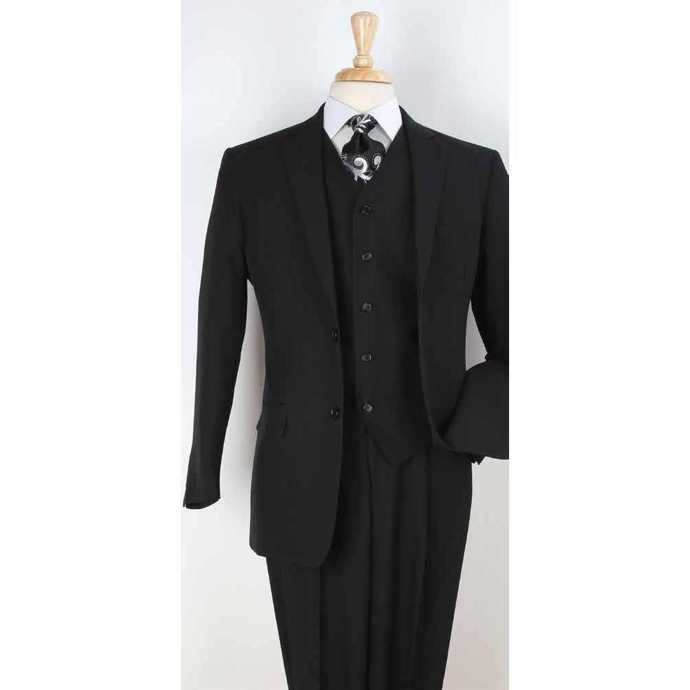 King Wing P3201 black three-piece modern-fit suit with matching vest and two-button jacket