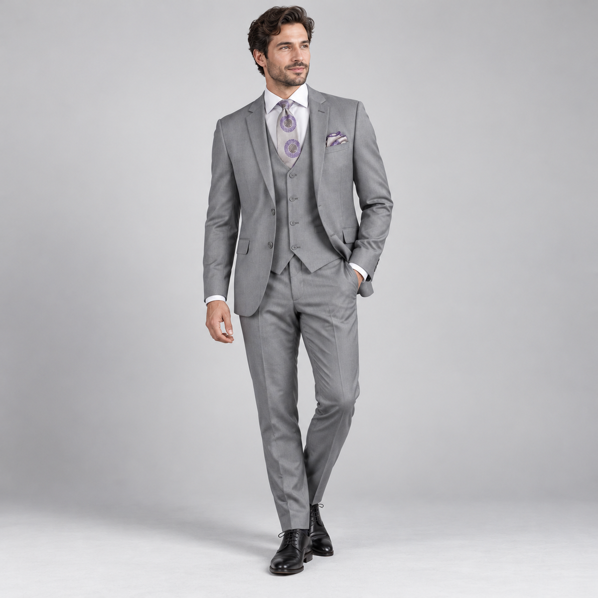 Gray three-piece slim fit suit on a synthetic model