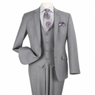 Gray three-piece slim fit suit, AI-retouched product view