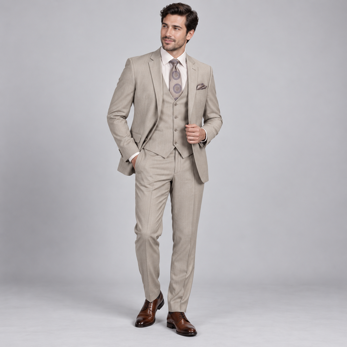 Tan 3-piece suit, model view