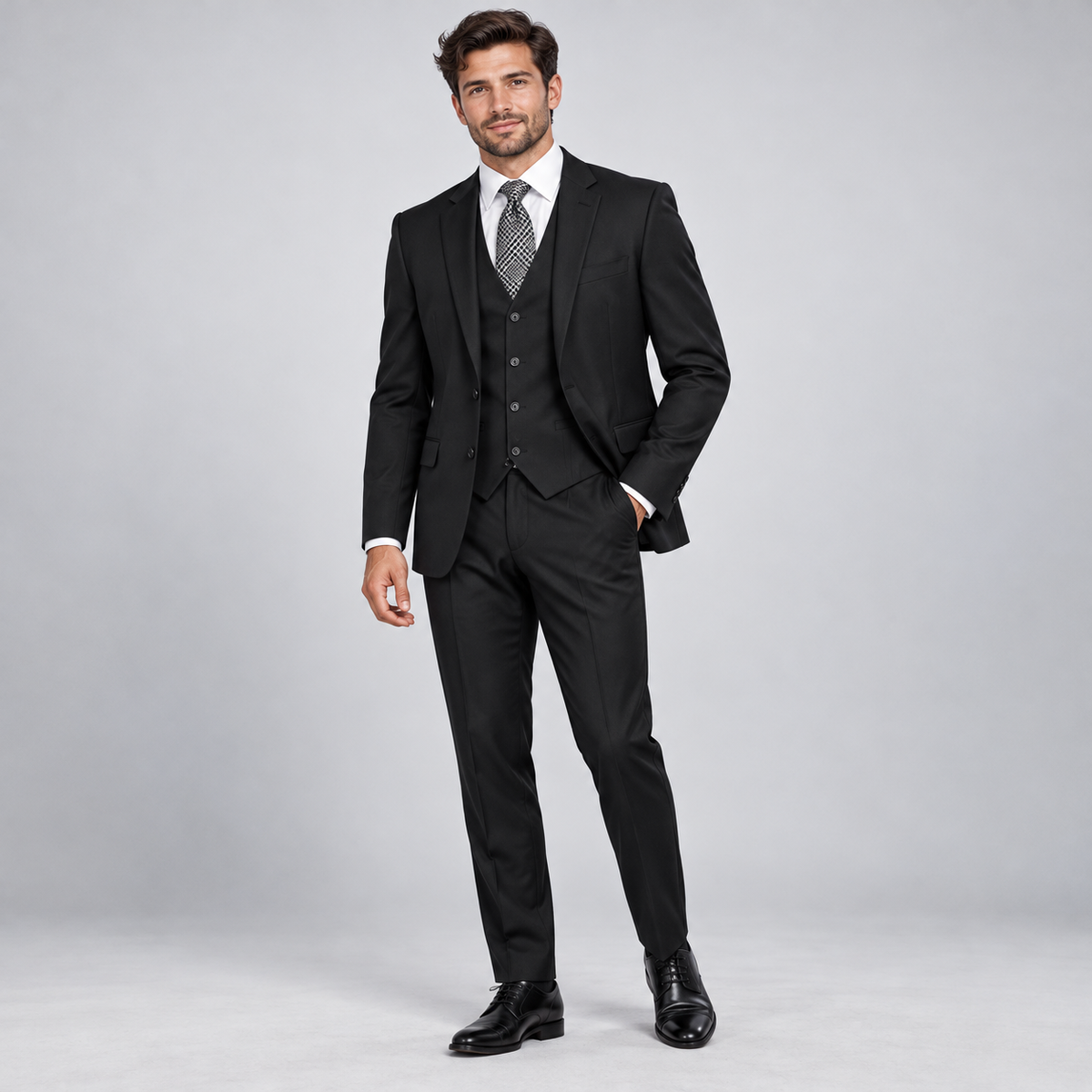 Black 3-piece suit, model view