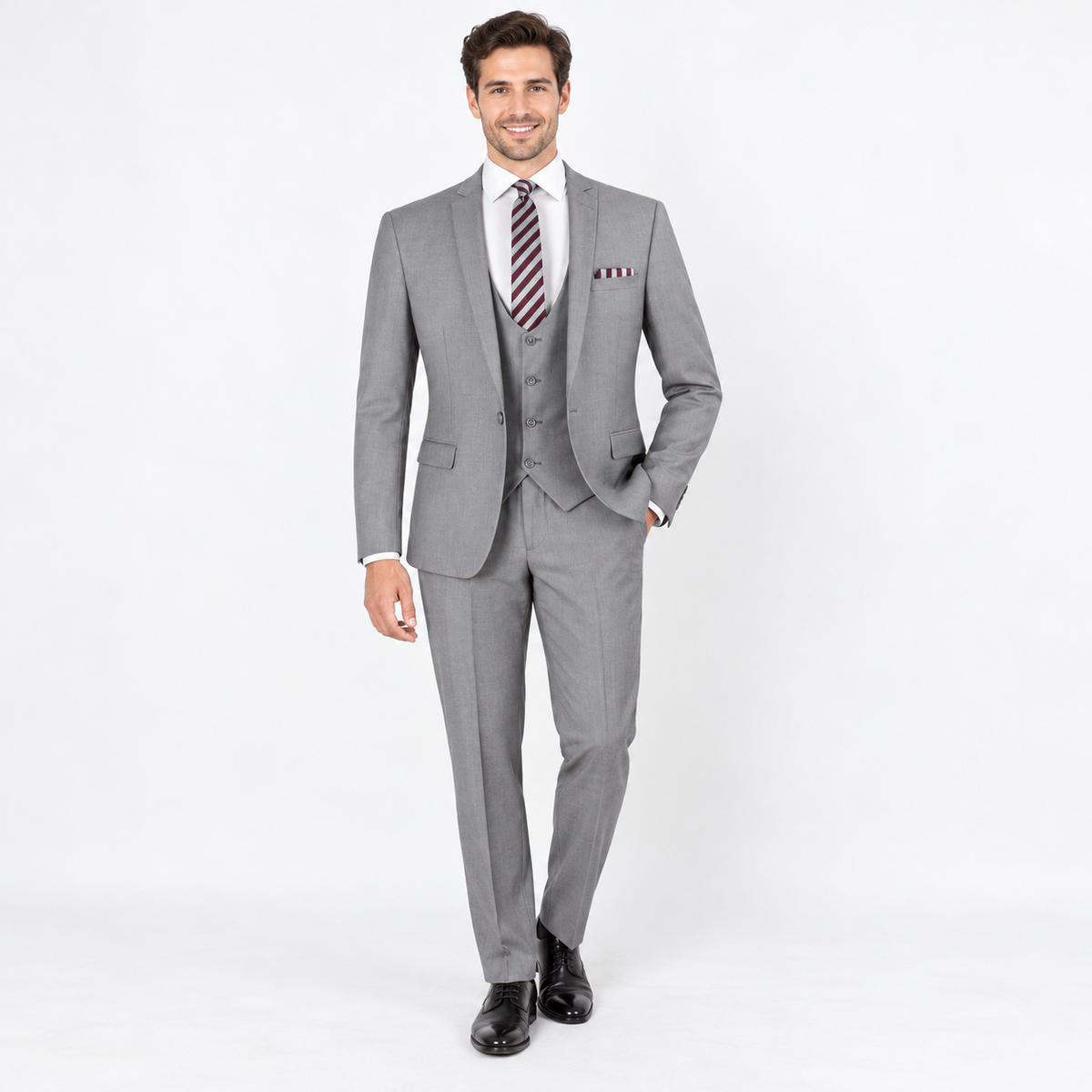 Gray one-button three-piece suit on a synthetic model