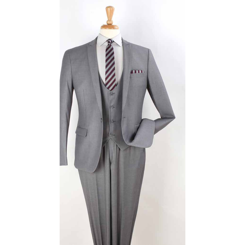 Gray one-button three-piece suit, original supplier photo