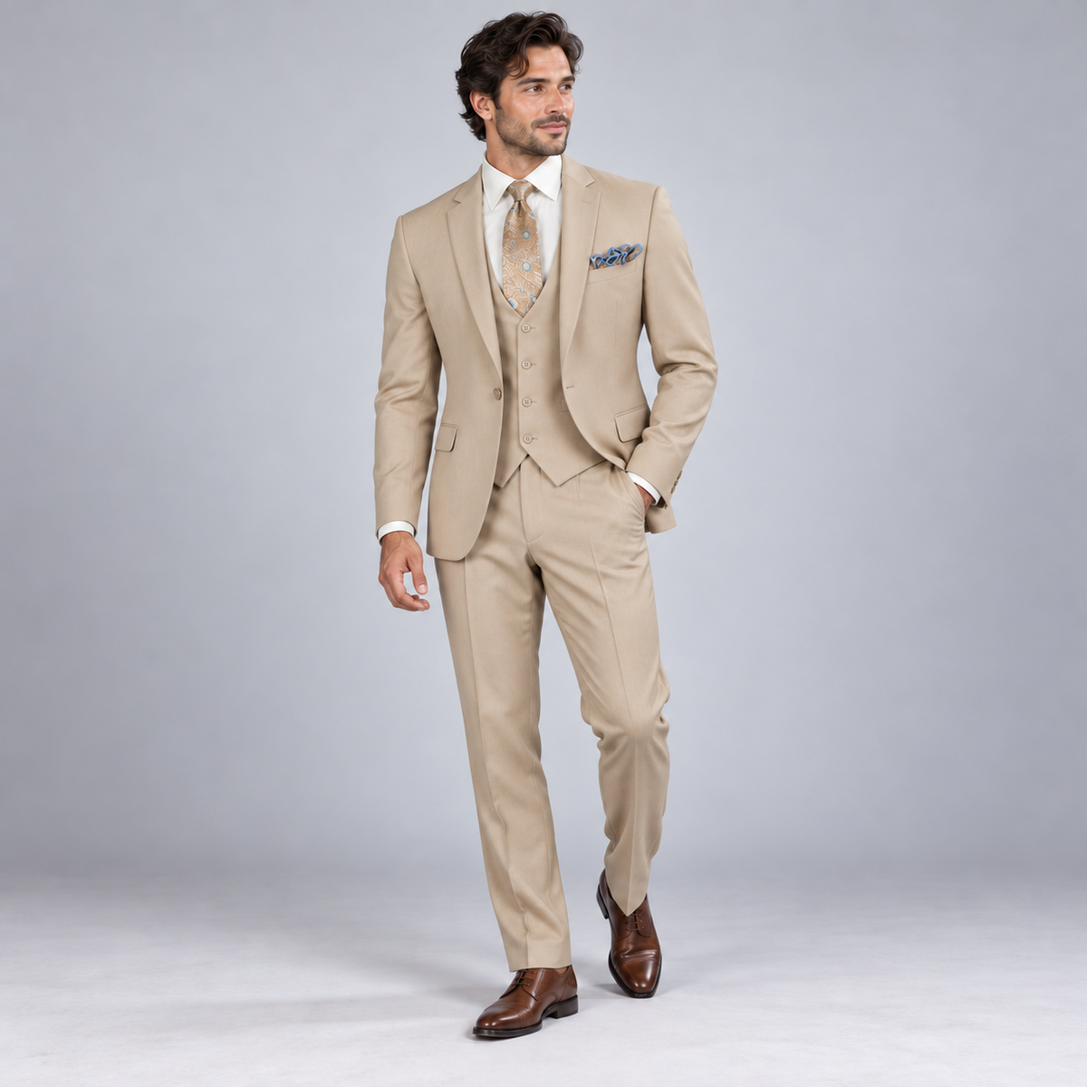 Tan one-button three-piece suit on a synthetic model