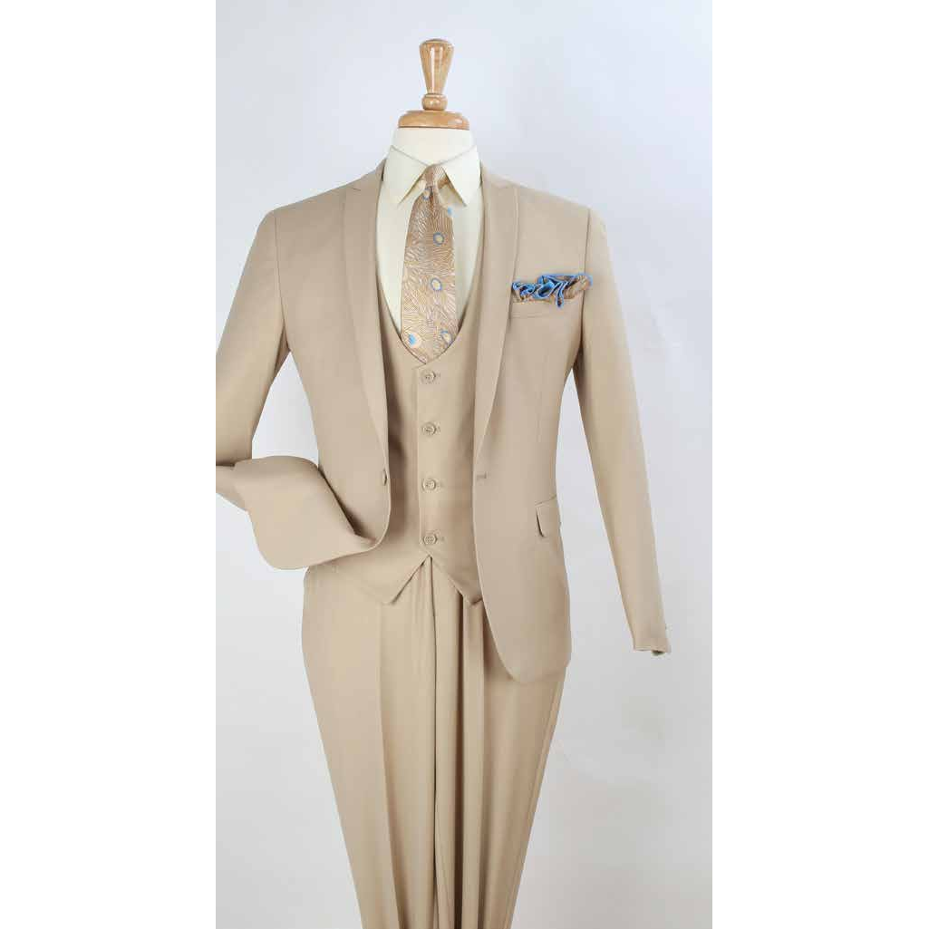 Tan one-button three-piece suit, original supplier photo