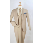 Tan one-button three-piece suit, original supplier photo
