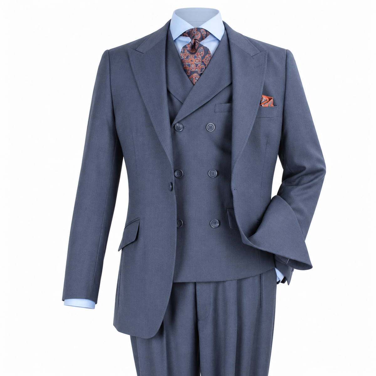 Dusty Blue 3-Piece 100% Wool Suit - polished studio product view on white