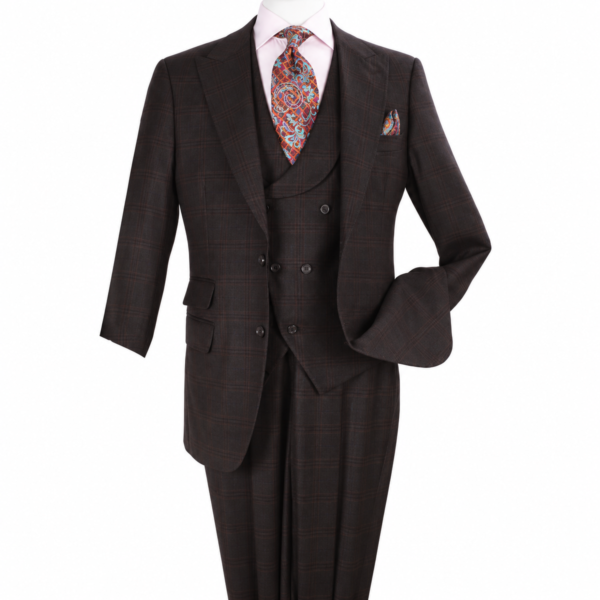 Brown Windowpane 3-Piece 100% Wool Suit - polished studio product view on white