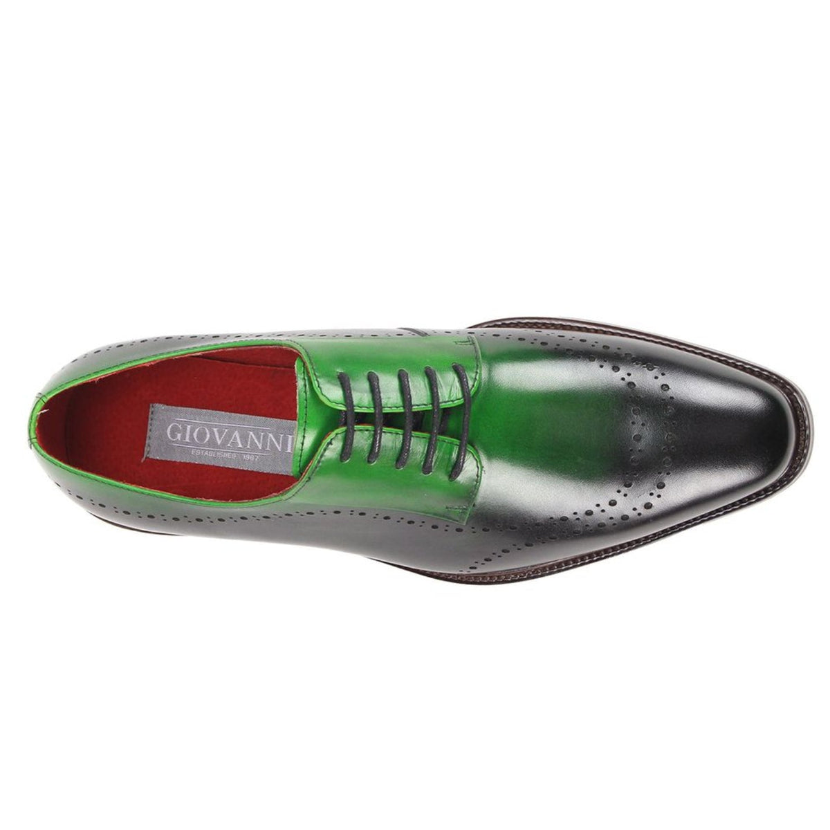 Top view of emerald green leather derby shoe with red interior lining