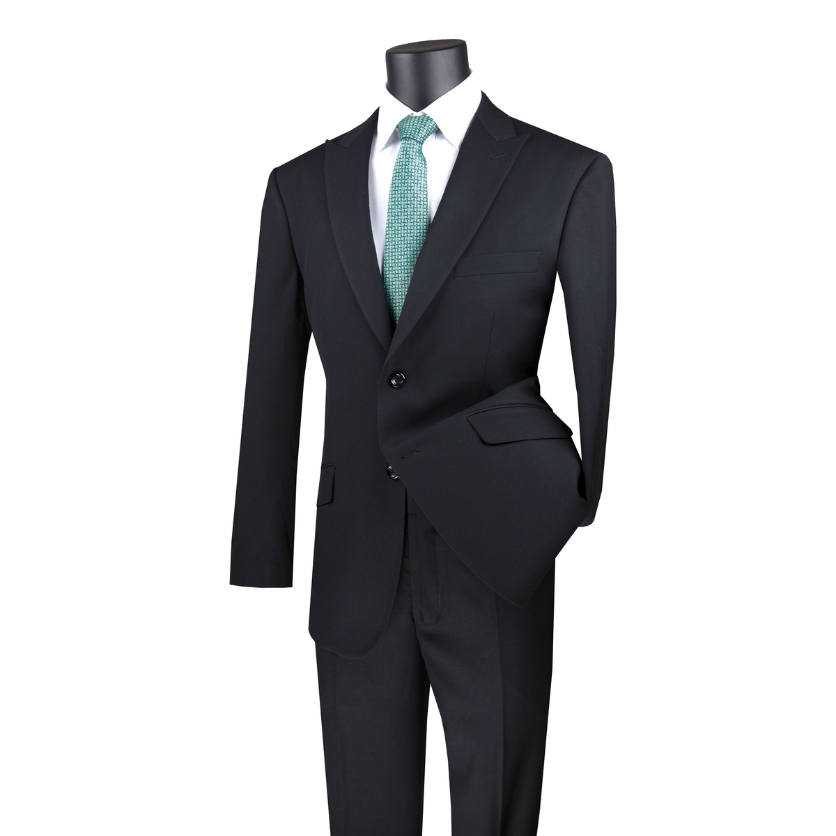 Black modern-fit suit with a two-button notch-lapel jacket and matching trousers, front view.
