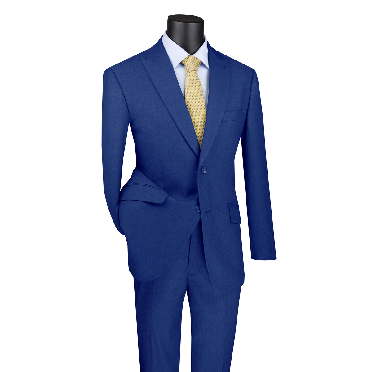 Blue modern-fit suit with a two-button notch-lapel jacket and matching trousers, front view.