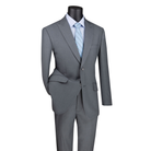 Gray modern-fit suit with a two-button notch-lapel jacket and matching trousers, front view.
