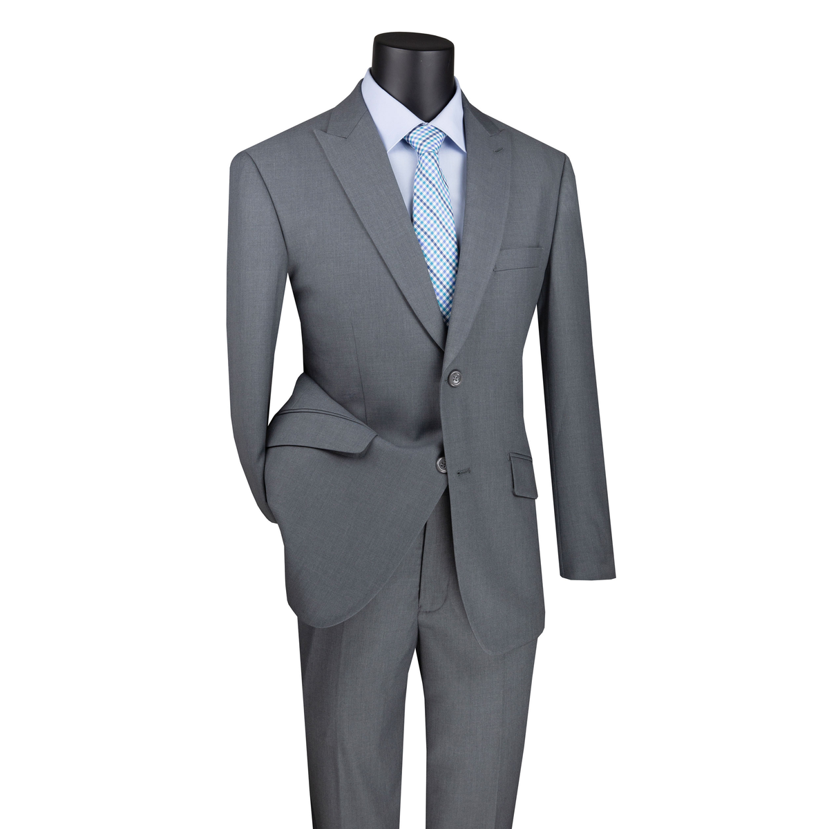 Gray modern-fit suit with a two-button notch-lapel jacket and matching trousers, front view.