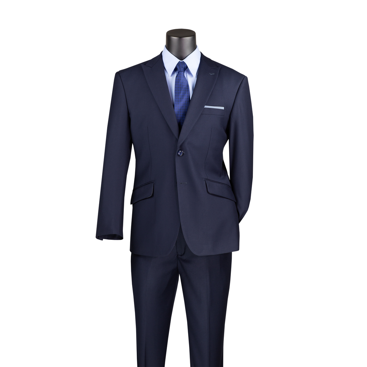 Navy modern-fit suit with a two-button notch-lapel jacket and matching trousers, front view.