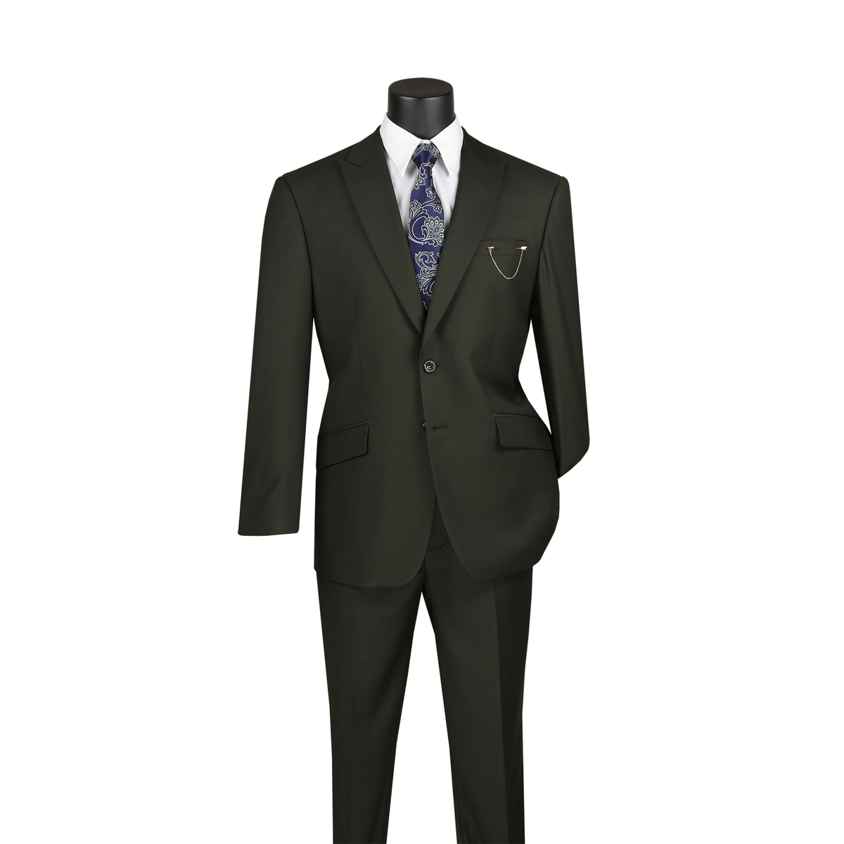 Olive modern-fit suit with a two-button notch-lapel jacket and matching trousers, front view.