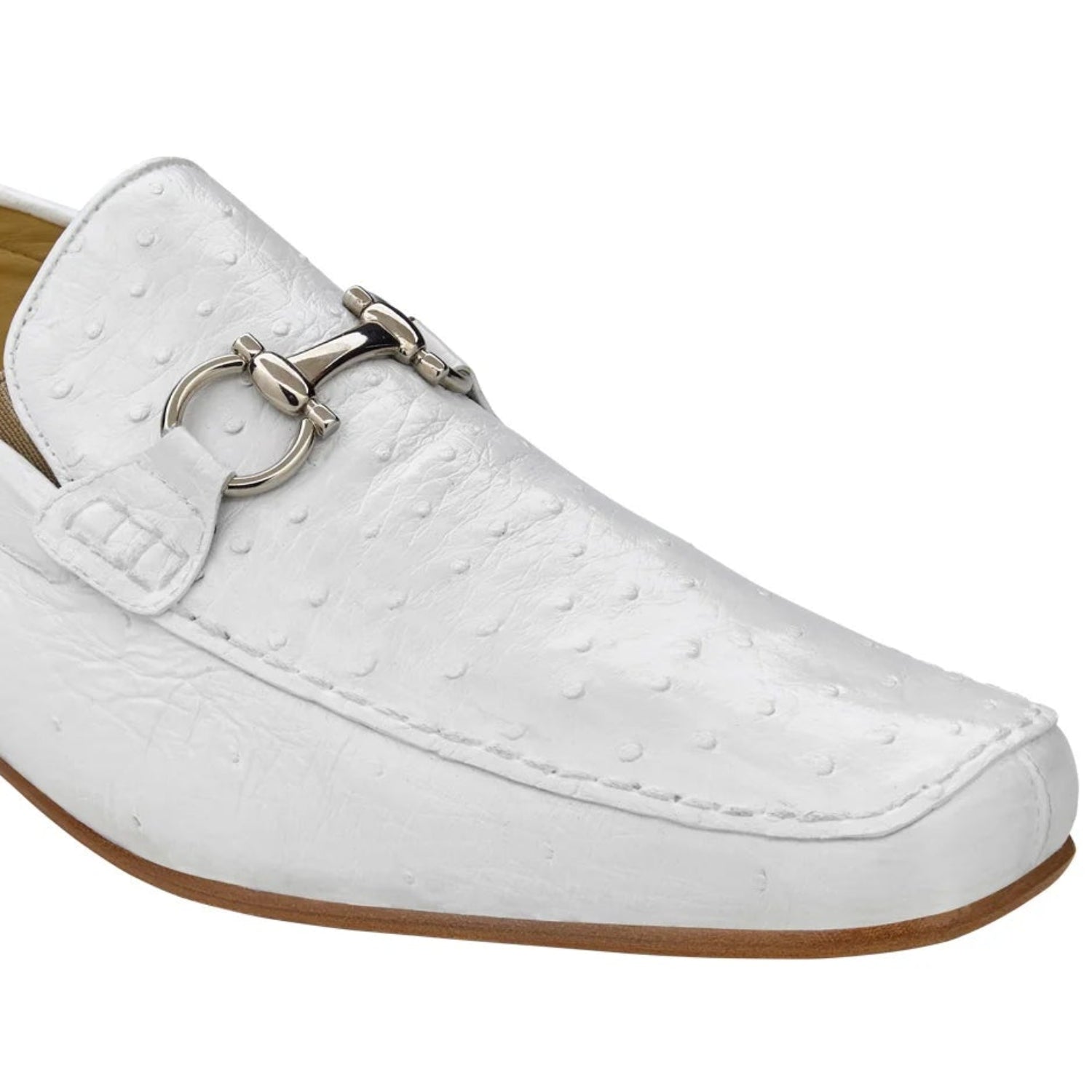 white ostrich leather bit loafer with metal bit detail