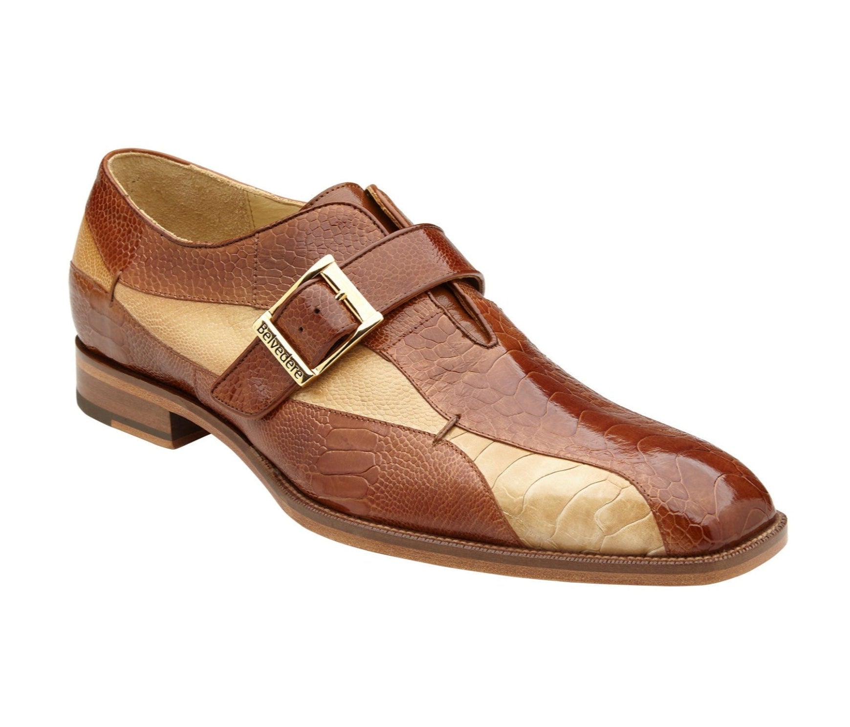 キャメル　ボウリングシューズ 26cm ベルモンテBelmo MVR-1 Sophisticated Belvedere Marte Monk Strap Shoes in Genuine Ostrich