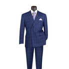 Blue windowpane-check double-breasted suit with peak lapels and matching trousers, front view.